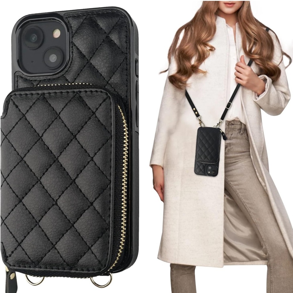 iPhone 14 Plus cute black wallet zipper crossbody phone case